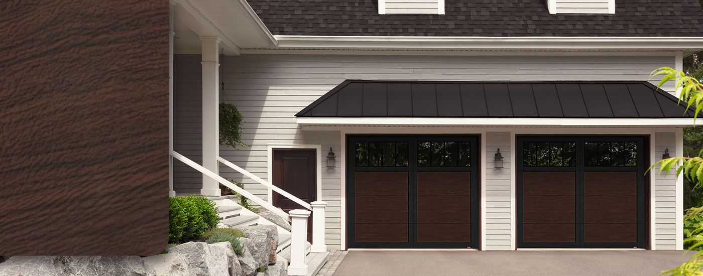 Modern Farmhouse exterior style. color scheme Black and White. Single steel garage doors, Dark Walnut, Faux Wood doors and Black overlays