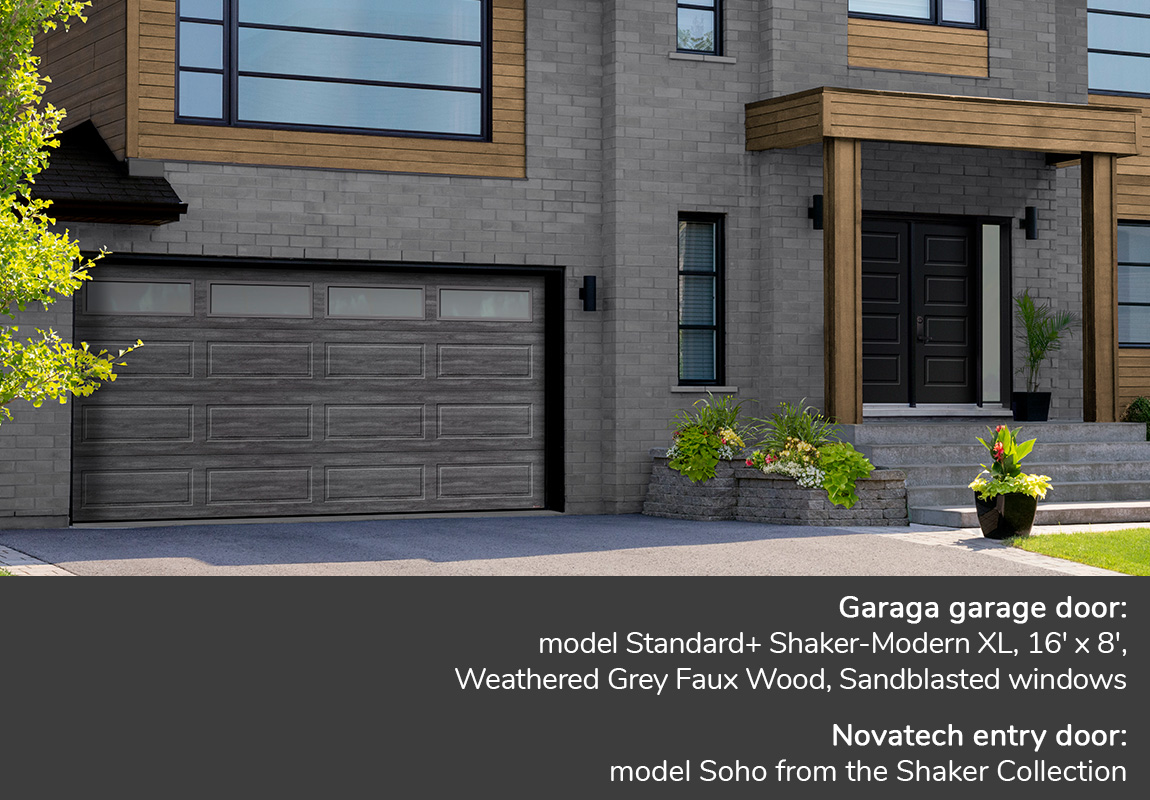 GARAGA garage doors | Standard+ Shaker-Modern XL, 16' x 8', Weathered Grey Faux Wood, Sanblasted windows  | Novatech Entry door
