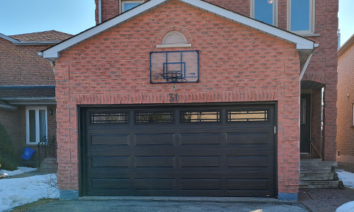 Brick house with Classic XL garage door, 15' x 7', Black, windows with Prairie Inserts