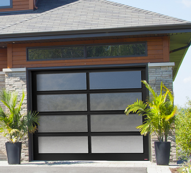 Single Contemporary Style garage door with the California design in the Black aluminum frame