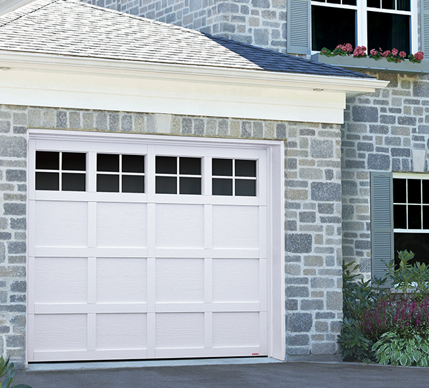 Single Traditional Style garage door with the Cambridge CM design in the Ice White colour