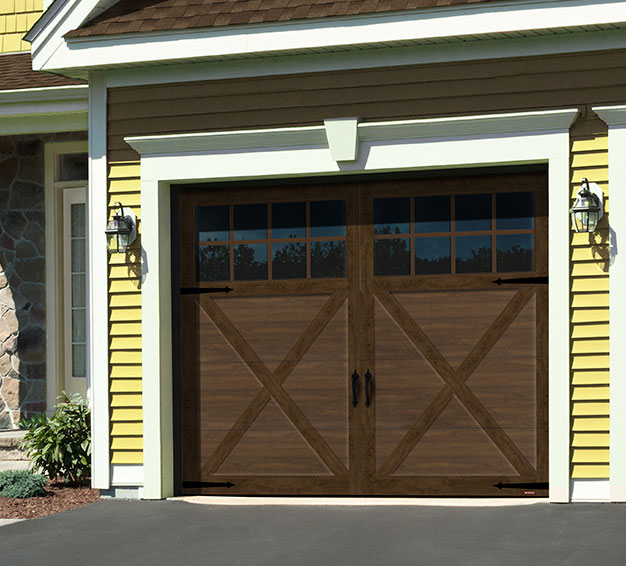 Single Carriage House Style garage door with the Princeton P-21 design in the Chocolate Walnut color