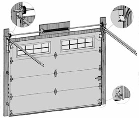 General view of an overhead garage door with a torsion spring