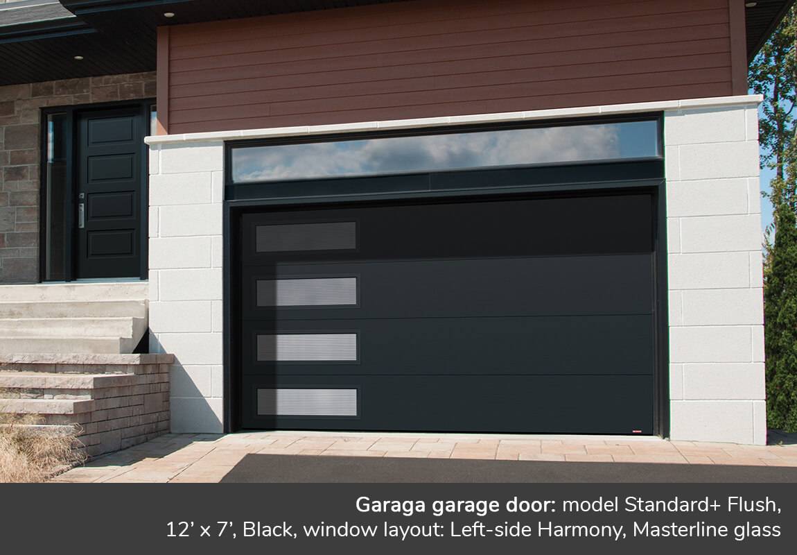Garaga garage door: Model Standard+ Flush, 12' x 7', Black, window layout: Left-side Harmony, Masterline glass