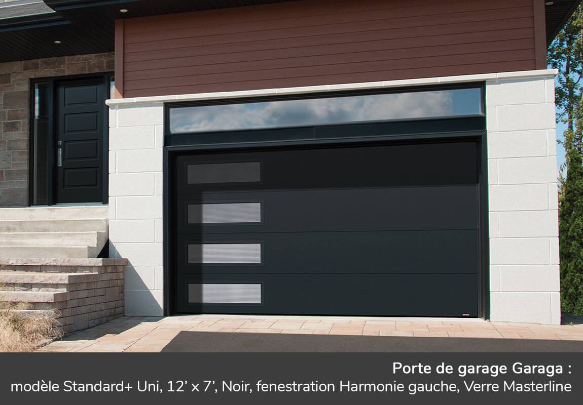 Porte de garage Garaga: Modèle Standard+ Uni, 12' x 7', Noir, fenêtres Harmonie gauche, Verre Masterline