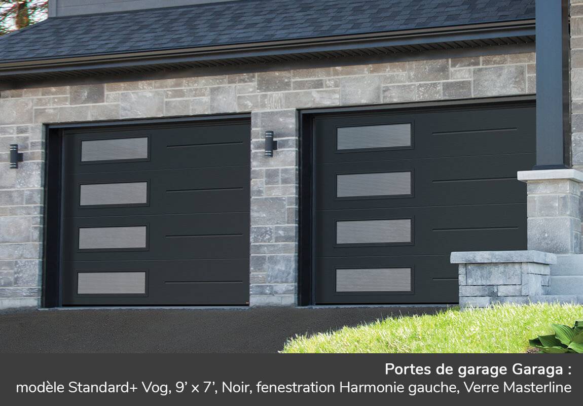 Porte de garage Garaga: Modèle Standard+ Vog, 9' x 7', Noir, fenêtres Harmonie gauche, Verre Masterline