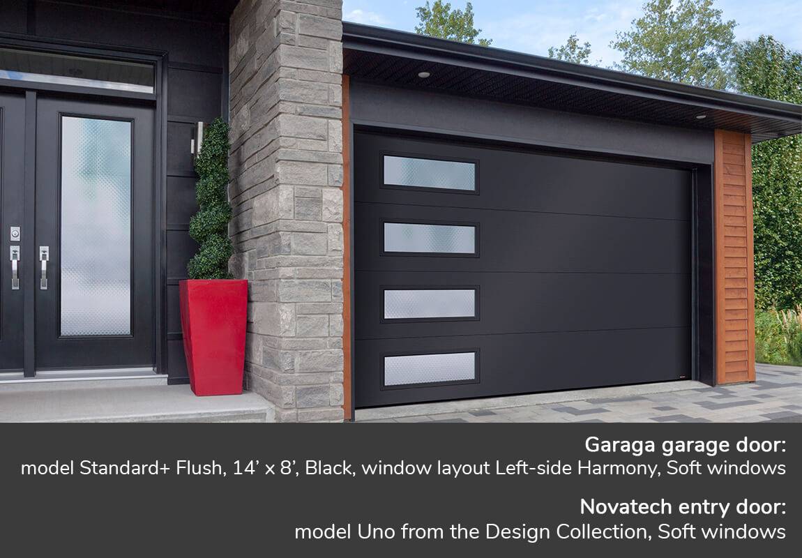 Garaga garage door: Standard+ Flush, 14' x 8', Black, window layout: Left-side Harmony, Soft glass