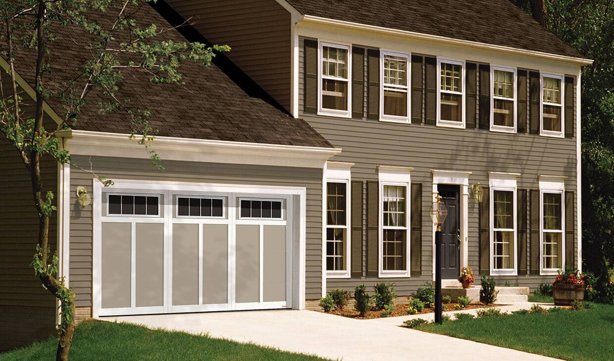 Eastman E-12, 14' x 7', Claystone door and Ice White overlays, Orion 4 vertical lite windows