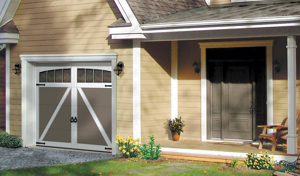 Eastman E-22, 9' x 7', Dark Sand door and Ice White overlays, Arch Overlays with Panoramic 4 vertical lites windows