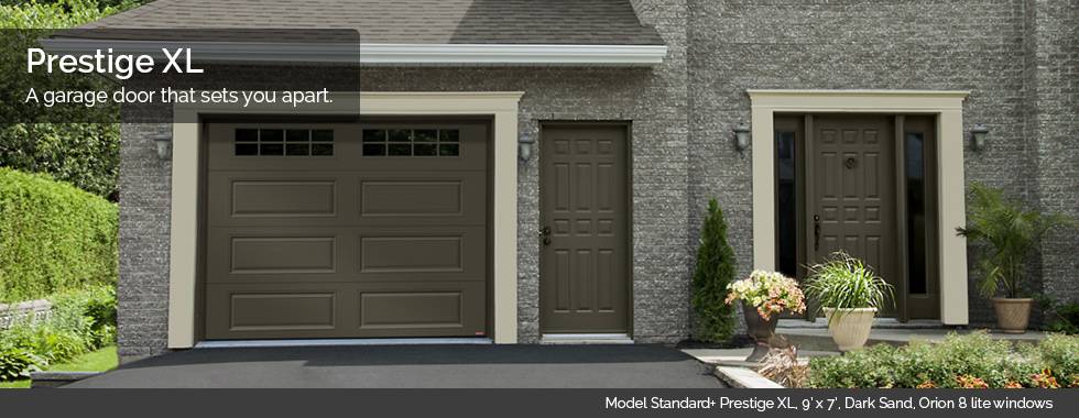 Garaga Garage Doors - Model Standard+ Prestige XL, 9’ x 7’, Dark Sand, Orion 8 lite windows