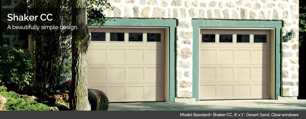 Garaga Garage Doors – Model Standard+ Shaker CC, 8’ x 7’, Desert Sand, Clear windows