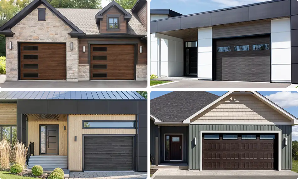 A selection of elegant residential homes displaying garage doors in different wood tone color options.