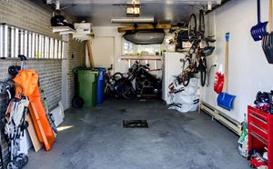 Interior view of a garage with different stuff