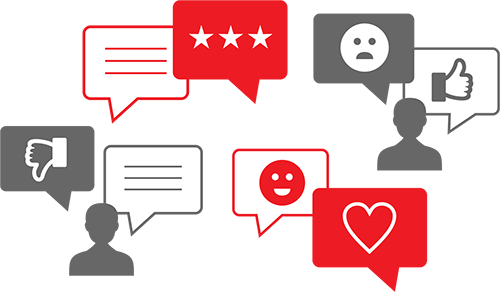 Customer speech bubbles with positive and negative reviews