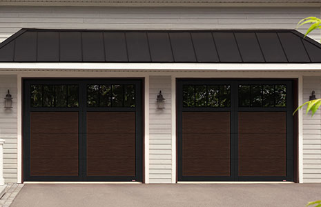 Princeton P-11, 9' x 8', Dark Walnut Faux Wood doors and Black overlays, 4 vertical lite Panoramic windows with Clear glass