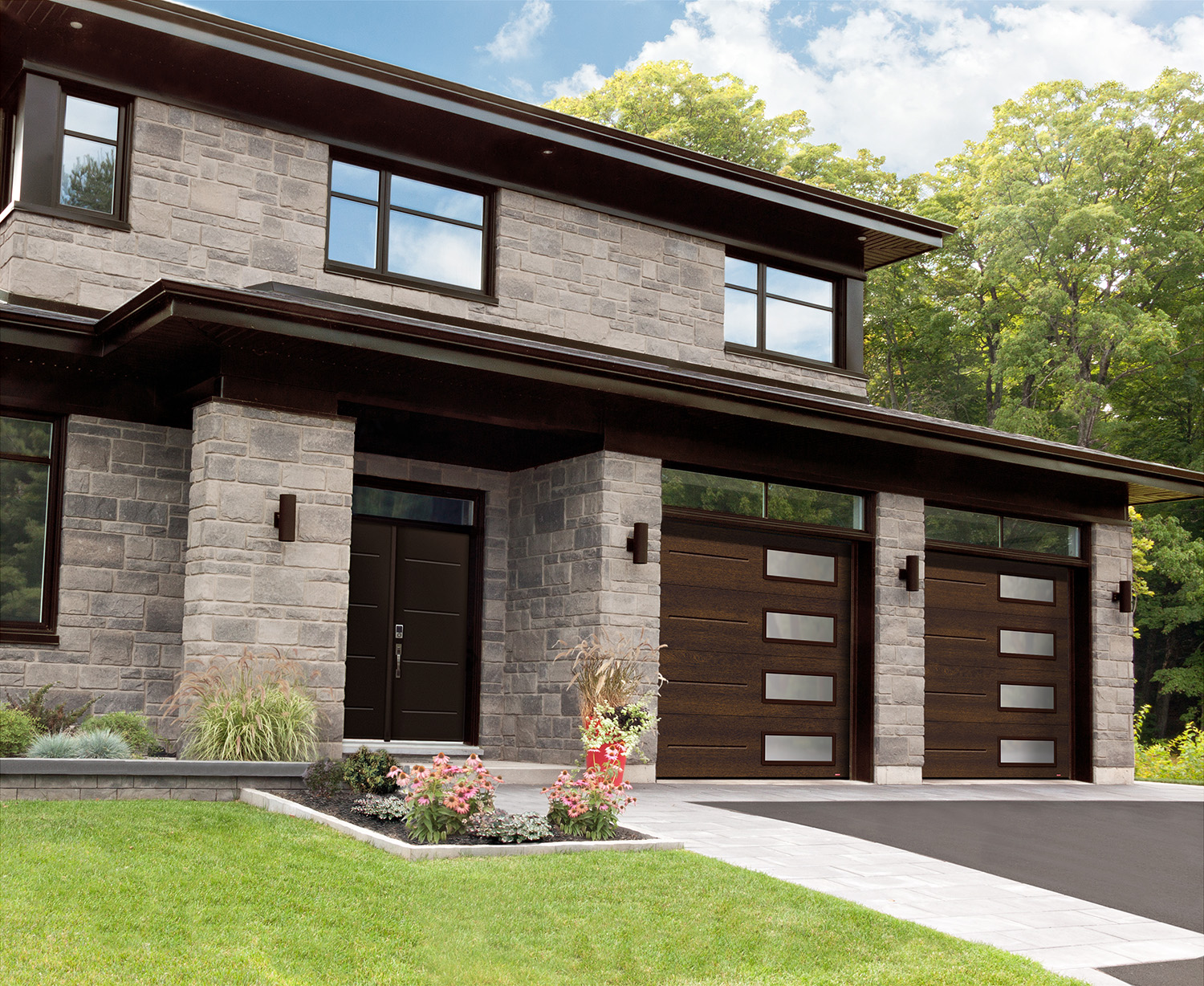 Garage doors with new Chocolate Walnut color