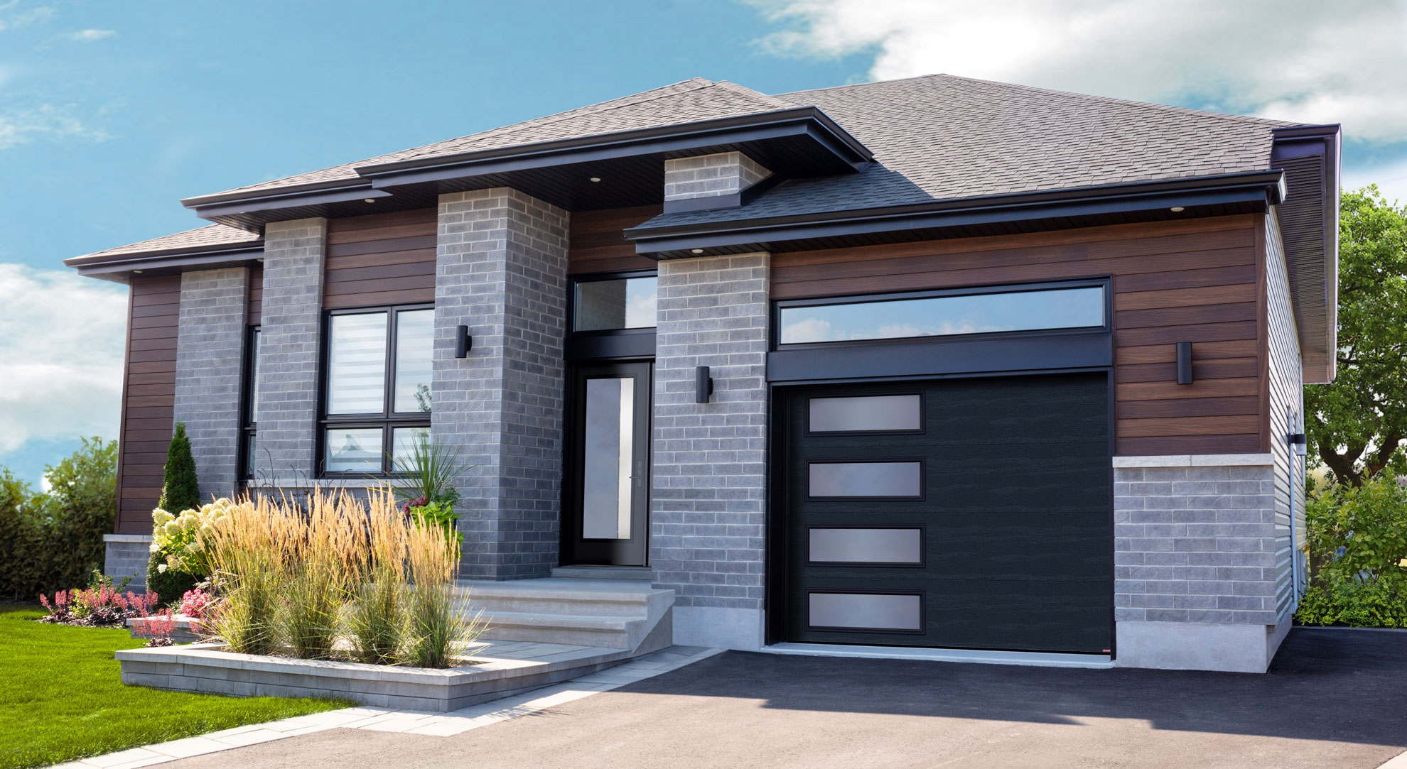 Standard+ Flush garage door, 9' x 7', Black, window layout: Left-side Harmony with Grey Sandblasted glass