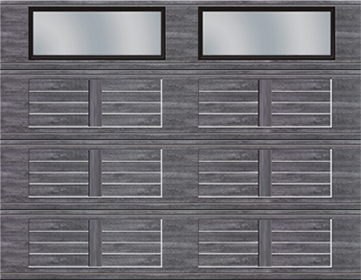 Village Collection garage door, 4-Slat base, I-1 configuration, 9' x 7', Weathered Grey, with Clair windows