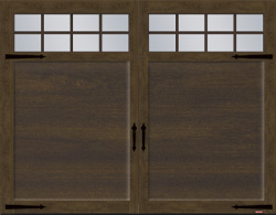 Porte de garage de style traditionnel, modèle Eastman E-11, 9' x 7', porte et moulures Argile Noyer chocolaté avec fenêtre Panoramique 8 carreaux