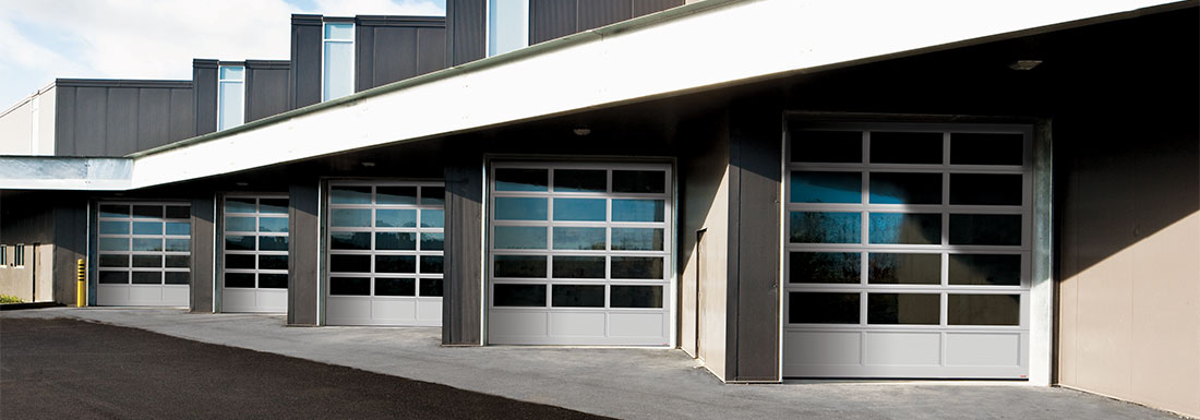 Commercial Building with 5 commercial o G-4400 overhead doors, in 10' x 12' size, Anodized frame and Clear panoramic windows