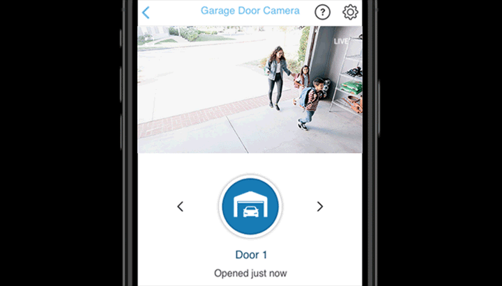 The homeowner gets a notification “Garage door 1 opened just now” on her smart phone and sees her children and the babysitter, live on camera, as they enter the garage.