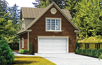 Traditional style detached garage with 1 double garage door, upstairs loft and 2 dormer windows.