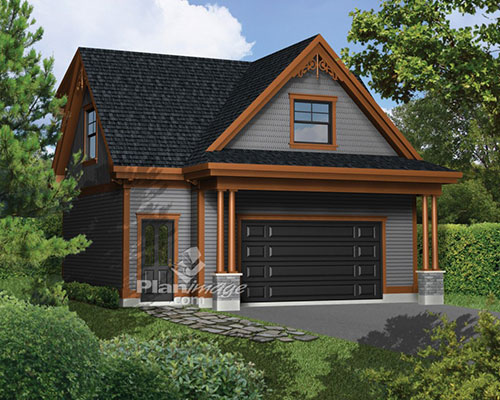Large detached garage with upstairs loft has a nice rustic feel. Black double garage door adds a great contemporary touch.