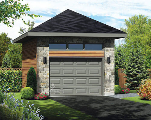 Garage détaché de style Moderne, porte de garage simple surmontée de fenêtres permettant de stationner vos voitures.