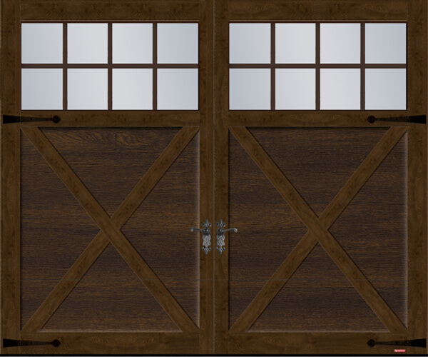 Princeton P-21 model, 9’ x 7’, Chocolate Walnut Faux Wood door and overlays, 8 lite Panoramic windows