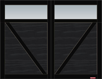 Eastman E-23 garage door, 9’ x 7’, Black door and overlays, Clear Panoramic windows