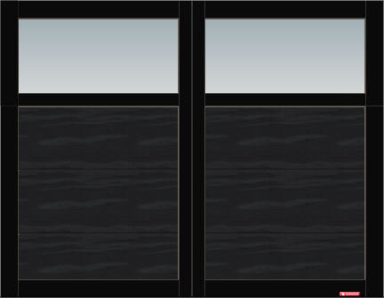 Princeton P-11 garage door, 9’ x 7’, Black door and overlays, Clear Panoramic windows
