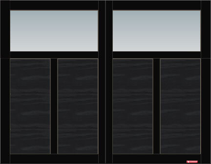 Princeton P-12 garage door, 9’ x 7’, Black door and overlays, Clear Panoramic windows