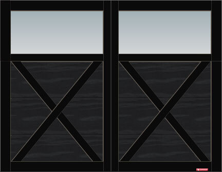 Princeton P-21 garage door, 9’ x 7’, Black door and overlays, Clear Panoramic windows