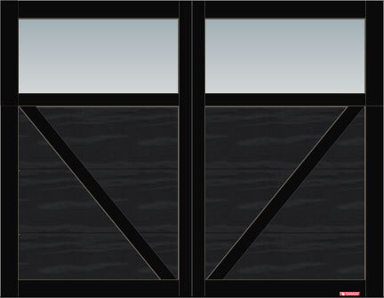 Princeton P-23 garage door, 9’ x 7’, Black door and overlays, Clear Panoramic windows