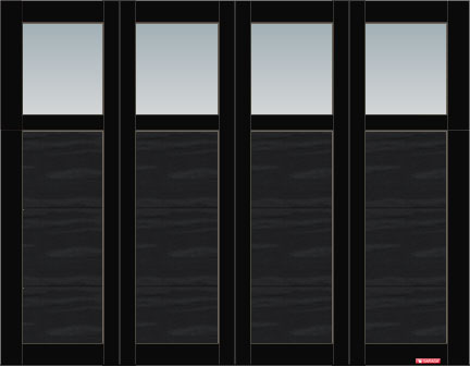Princeton P-31, 9’ x 7’, porte et moulures Noir, fenêtres Panoramique Clair