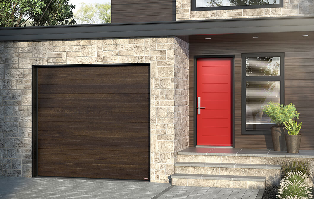 Model Standard+ Moderno Multi, 9’ x 8’, Chocolate Walnut / Novatech entry door: model Mundo from the Design Collection