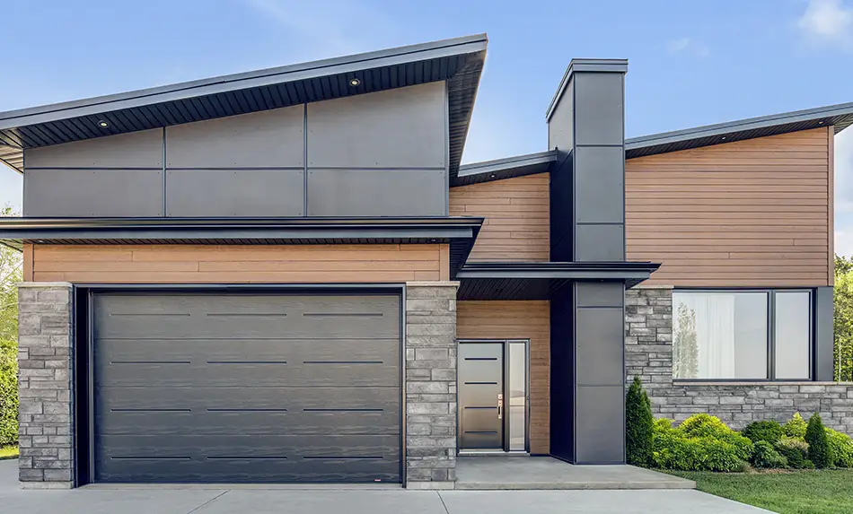 New modern Garaga garage door and Novatech entry-door Vog design in Black, perfect for this Japandi exterior