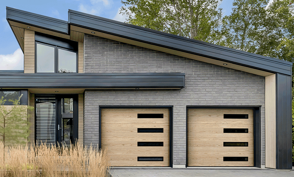 Slideshow of elegant residential homes highlighting garage doors in a Natural Oak HD wood tone.