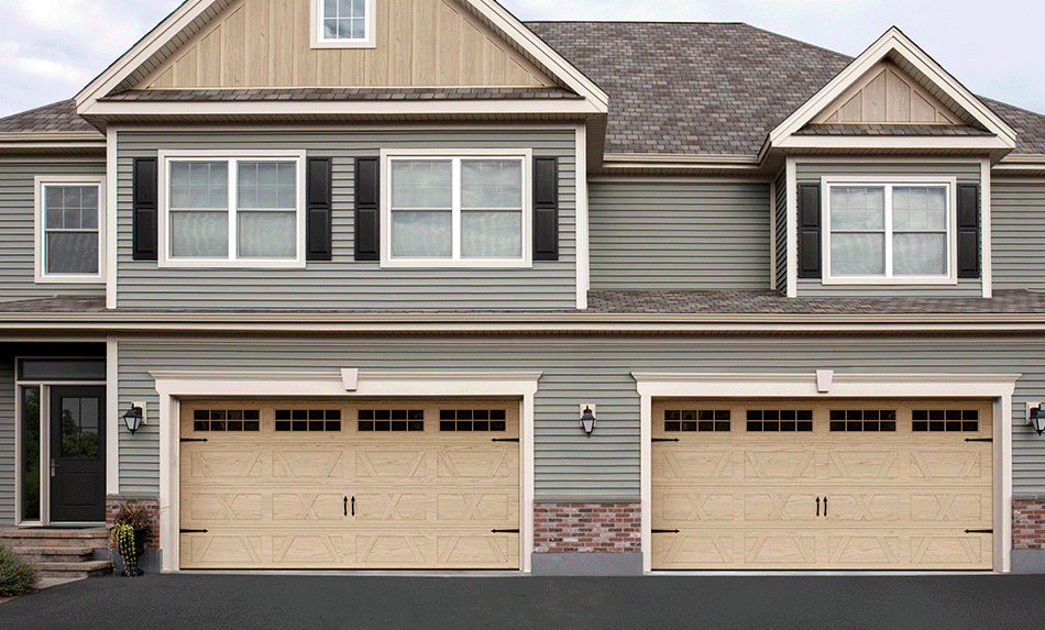 Slideshow of elegant residential homes highlighting garage doors in a Natural Oak HD wood tone.