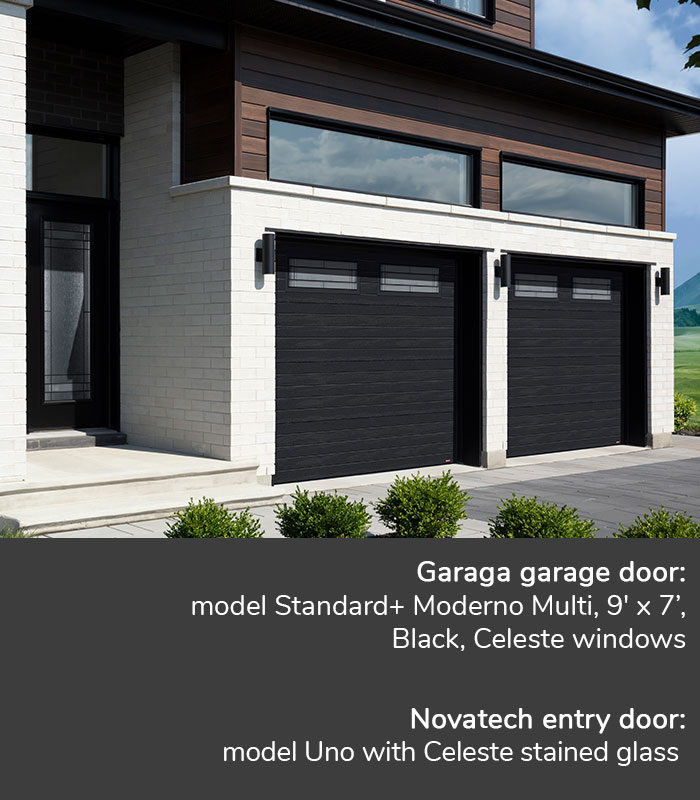 GARAGA garage doors | model Standard+ Moderno multi, Black, Celeste windows | Novatech Entry door