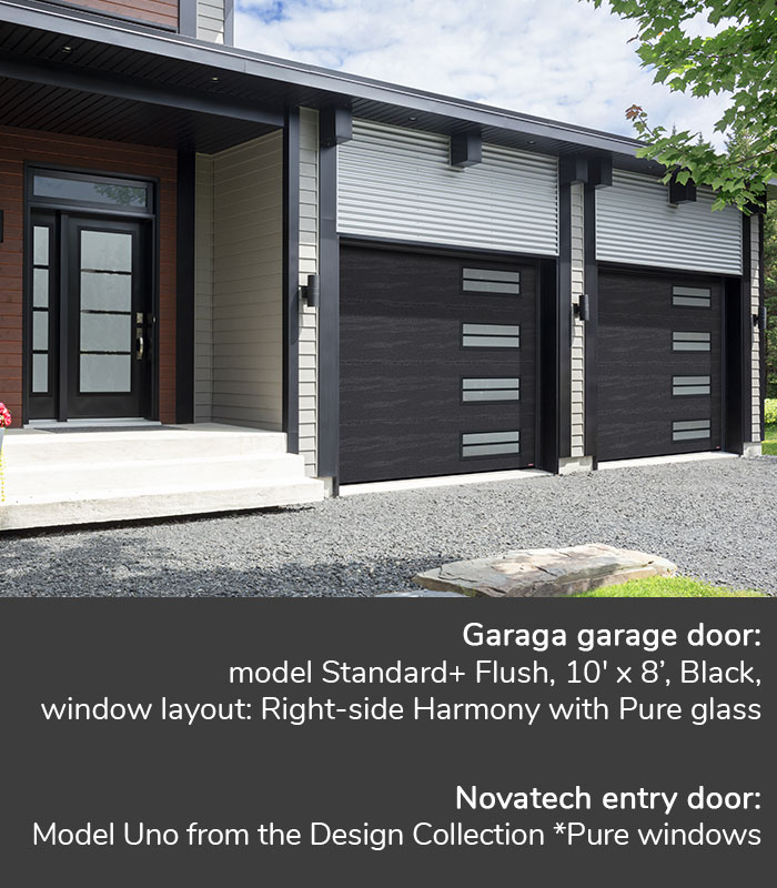 GARAGA garage doors | Standard+ Flush, 10' x 8’, Black, window layout: Right-side Harmony with Pure glass | Novatech Entry door