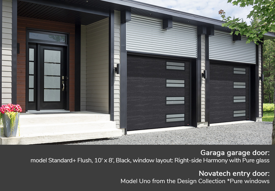 GARAGA garage doors | Standard+ Flush, 10' x 8’, Black, window layout: Right-side Harmony with Pure glass | Novatech Entry door