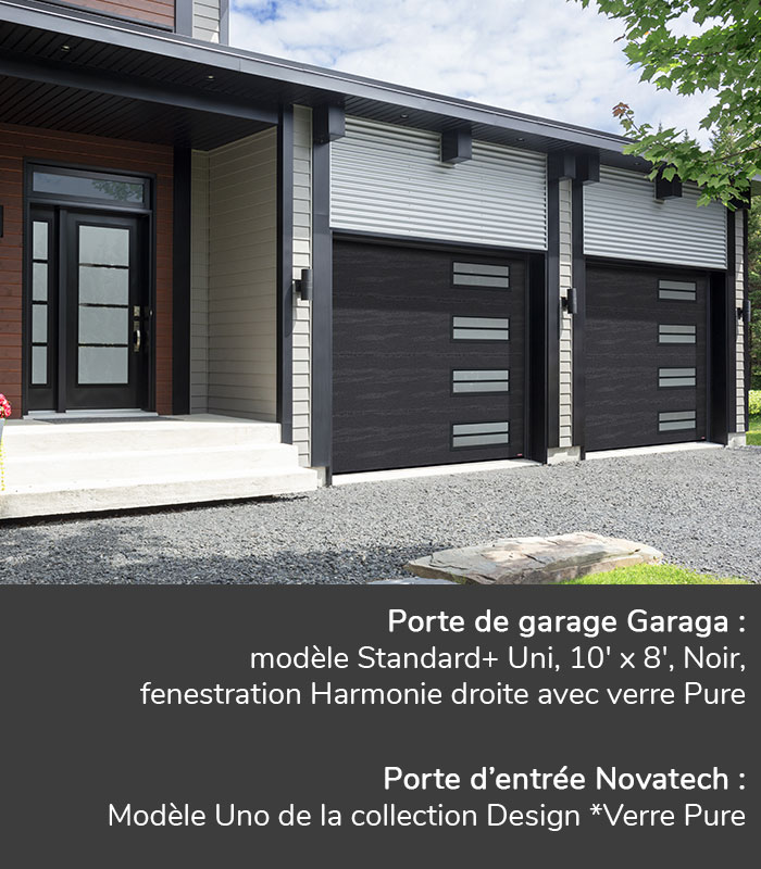 Portes de garage GARAGA | Standard+ Uni, 10' x 8', Noir, fenestration Harmonie droite avec verre Pure | Porte d'entrée Novatech