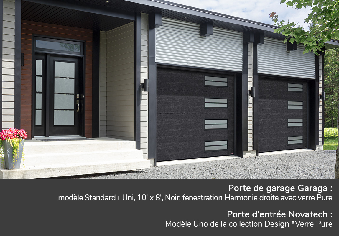 Portes de garage GARAGA | Standard+ Uni, 10' x 8', Noir, fenestration Harmonie droite avec verre Pure | Porte d'entrée Novatech