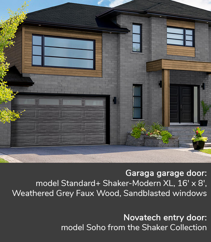 GARAGA garage doors | Standard+ Shaker-Modern XL, 16' x 8', Weathered Grey Faux Wood, Sanblasted windows  | Novatech Entry door