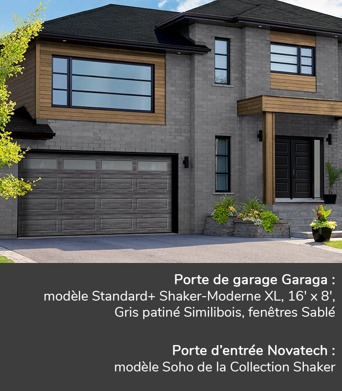 Portes de garage GARAGA | Standard+ Shaker-Moderne XL, 16' x 8', Gris patiné Similibois, fenêtres Sablé | Porte d'entrée Novatech