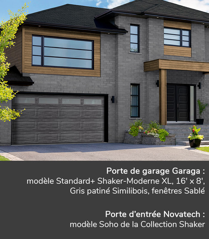 Portes de garage GARAGA | Standard+ Shaker-Moderne XL, 16' x 8', Gris patiné Similibois, fenêtres Sablé | Porte d'entrée Novatech