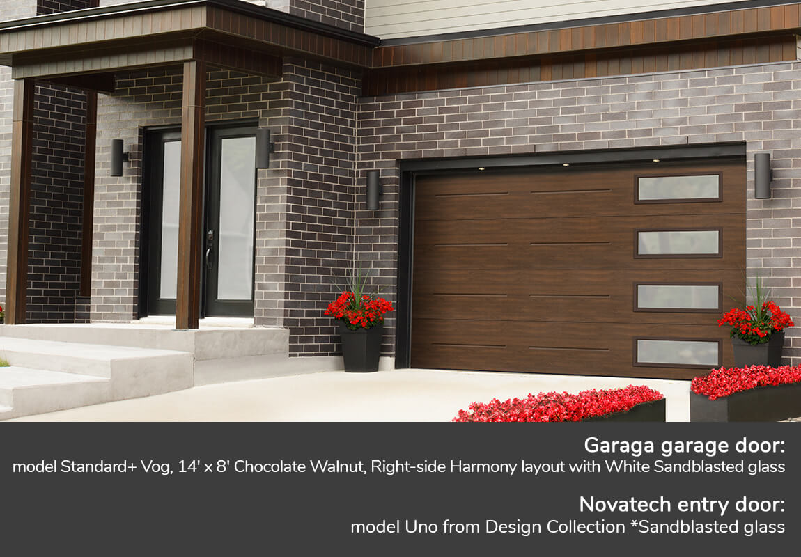 GARAGA garage doors | Standard+ Vog, 14' x 8' Chocolate, Right-side Harmony layout with White Sandblasted Glass | Novatech Entry door