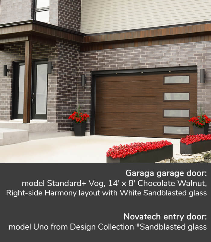 GARAGA garage doors | Standard+ Vog, 14' x 8' Chocolate, Right-side Harmony layout with White Sandblasted Glass | Novatech Entry door