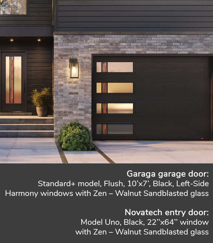 GARAGA garage doors | Standard+ model, Flush, 10’x7’, Black, Left-Side Harmony windows with Zen – Walnut Sandblasted glass | Novatech Entry door